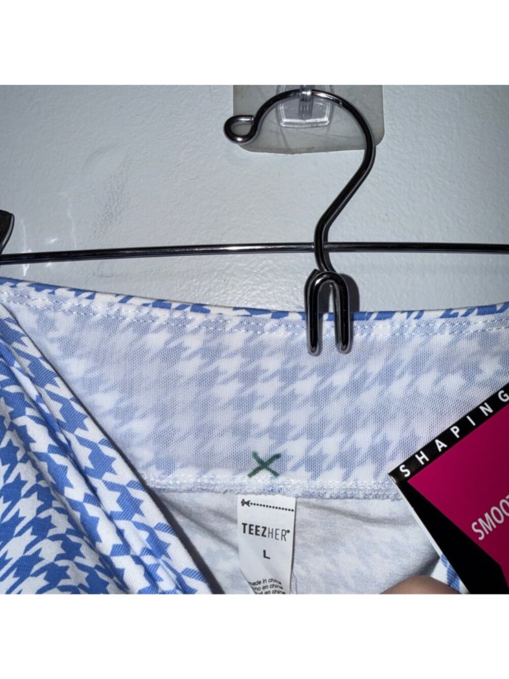 NWT Teezher Blue & White Houndstooth Print Shaping Pants Smooth Waistband Large - Picture 4 of 6